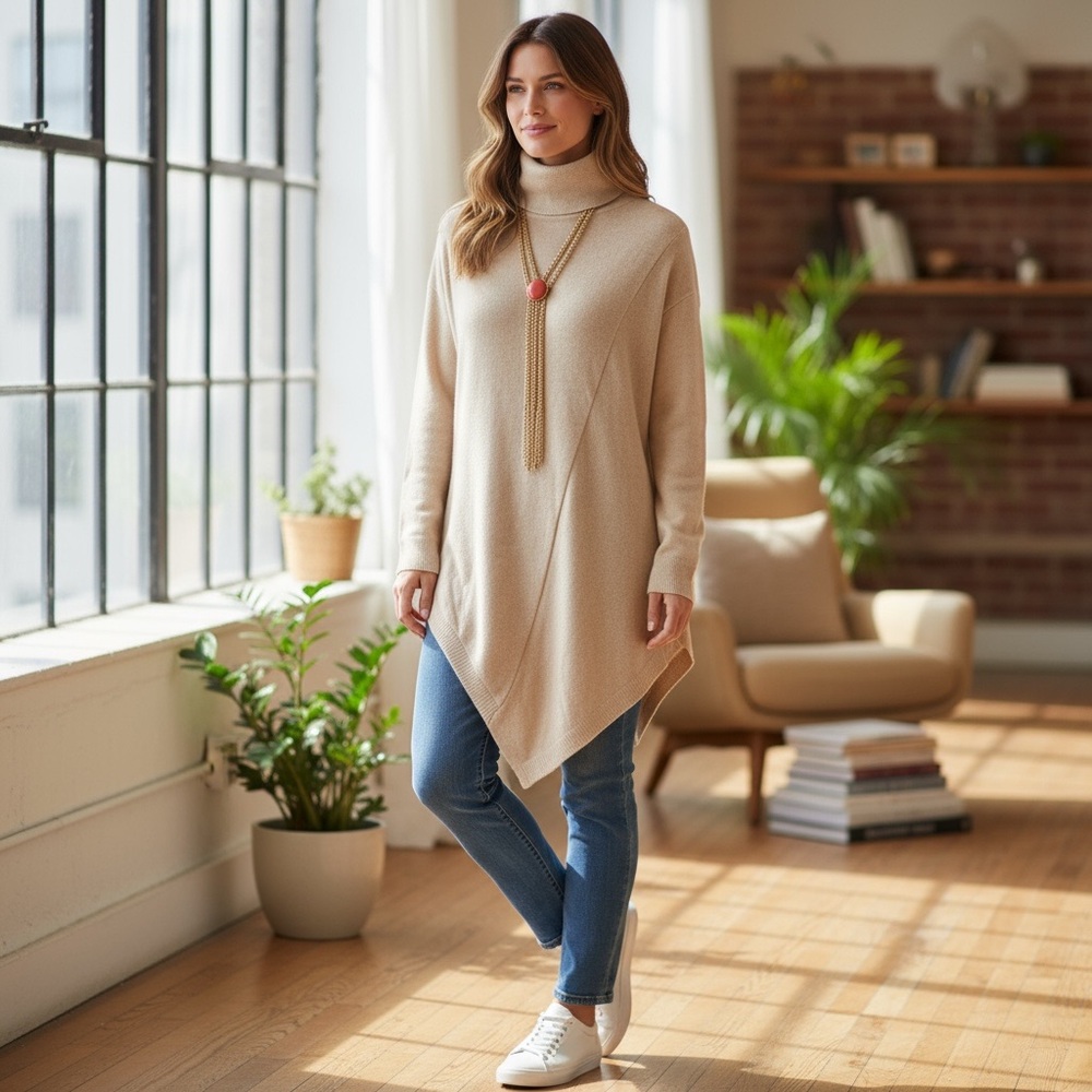 Donna Karen NEW YORK beige asymmetrical‎ turtleneck Cashmere sweater size XXS